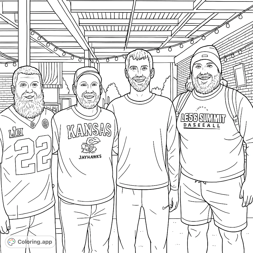 A fun gathering of four bearded friends in sports apparel, perfect for personalizing with team colors and celebrating camaraderie. A great free printable coloring page.