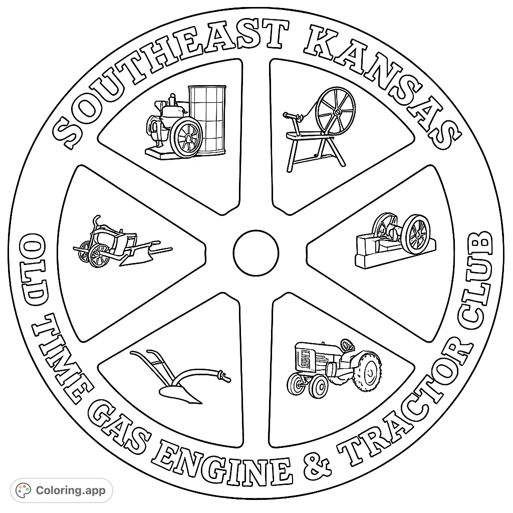 A detailed coloring page featuring a spoked wheel emblem filled with various vintage farm machinery and old-time gas engines, perfect for history and machinery enthusiasts.