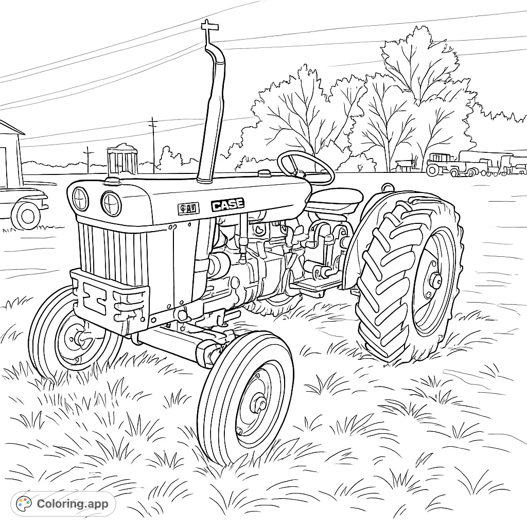 Color a classic farm tractor in a rustic field setting. Features a detailed engine, large wheels, and a charming rural backdrop.
