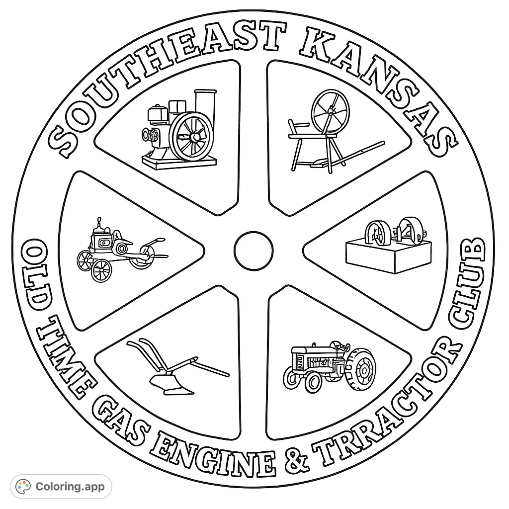 Explore a vintage machinery emblem featuring a spoked wheel filled with detailed old gas engines, tractors, and farm equipment. A nostalgic journey for enthusiasts.