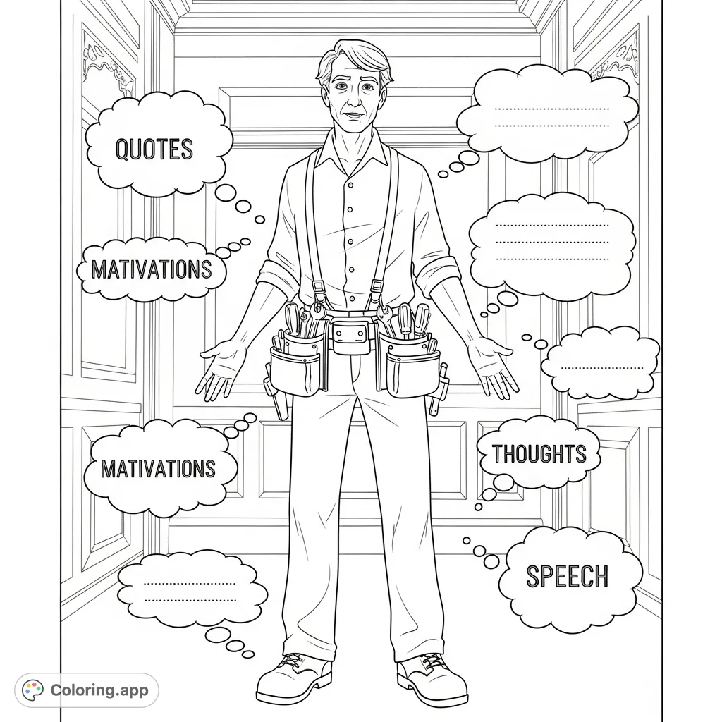 Explore Pa from Serafina and the Black Cloak with this character analysis coloring page. Detail his traits, motivations, and quotes in interactive bubbles.