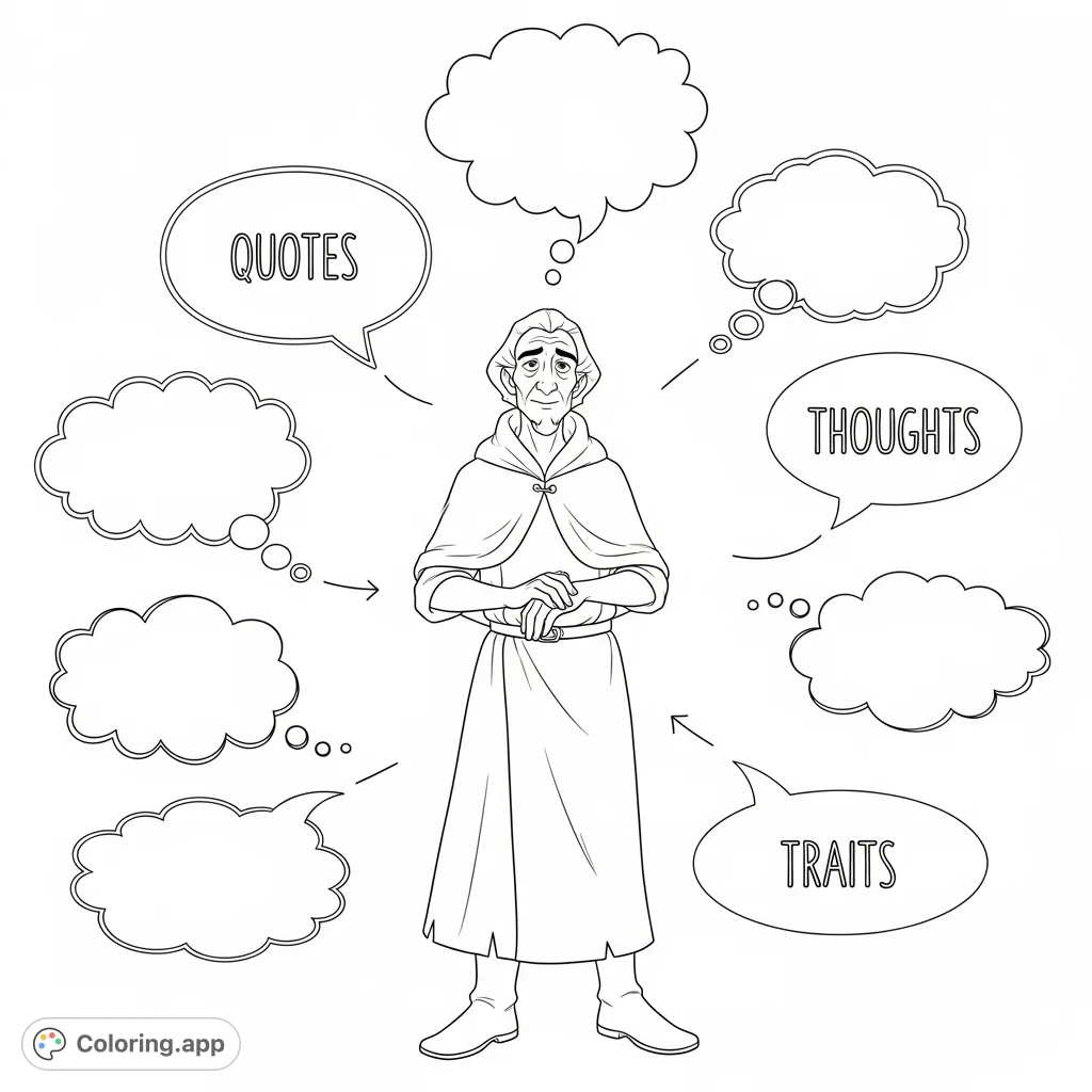 Color a unique graphic organizer featuring Pa from Serafina and the Black Cloak, with spaces for quotes, thoughts, and traits. Perfect for literary analysis.