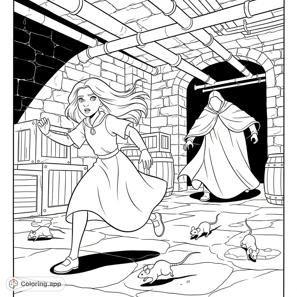 A thrilling Serafina and the Black Cloak coloring page featuring Serafina running from the mysterious cloaked figure in the Biltmore House basement.