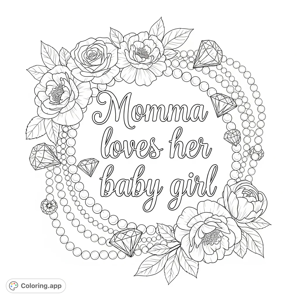 An elegant "Momma loves her baby girl" script framed by lush roses, peonies, draped pearls, and sparkling diamonds. A heartfelt, detailed coloring page.