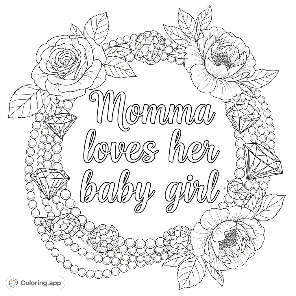 A heartfelt message 'Momma loves her baby girl' surrounded by elegant pearl necklaces, sparkling diamonds, and lush, detailed flowers. A beautiful tribute to maternal love.