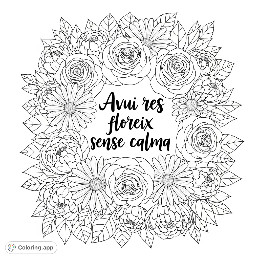 Immerse yourself in a full-page floral coloring page featuring roses, daisies, and peonies surrounding an elegant quote. A harmonious design for mindful coloring.