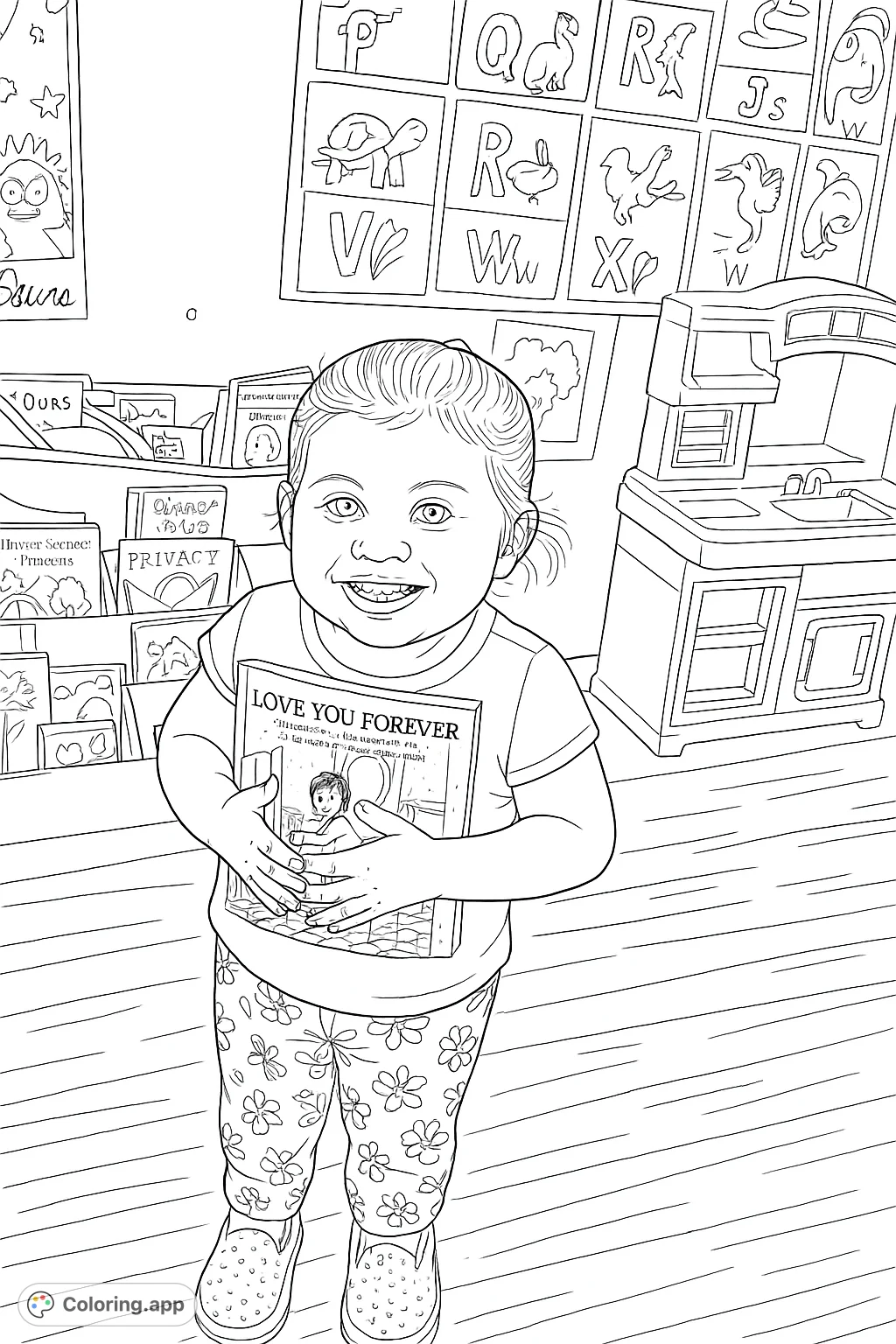 A delightful coloring page featuring a smiling child holding a beloved storybook, set in a playful room with alphabet charts and toys.
