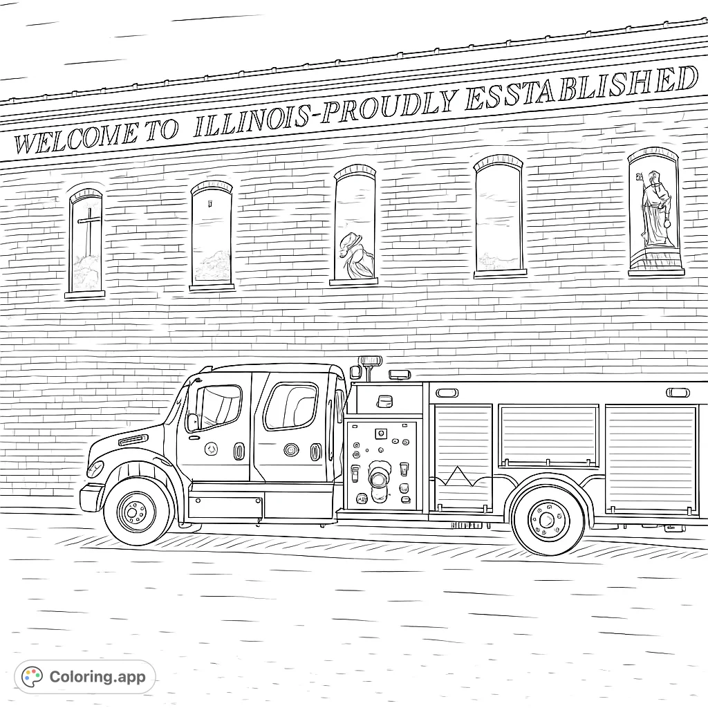 A detailed emergency vehicle parked in front of a historic brick building with scenic window displays, offering a unique urban coloring experience.