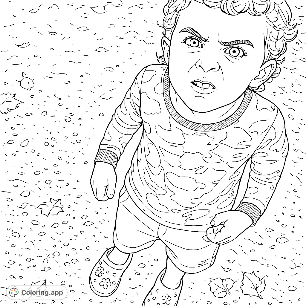 A charming coloring page featuring a curious child with curly hair, looking up with an expressive face, standing on a textured path. Perfect for young artists.