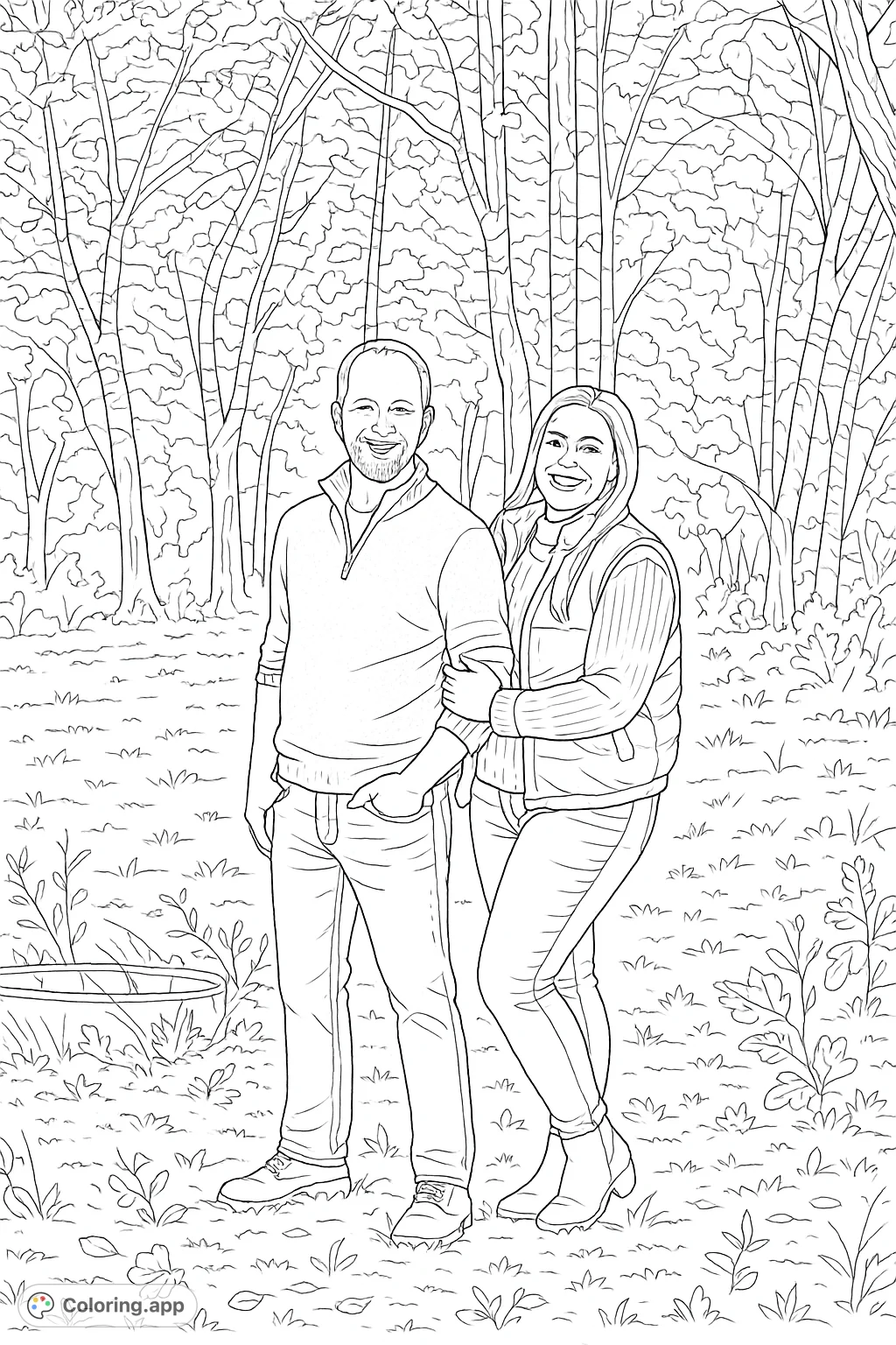 Capture a joyful couple amidst a beautiful autumn forest. This free printable coloring page offers a delightful scene for all ages.