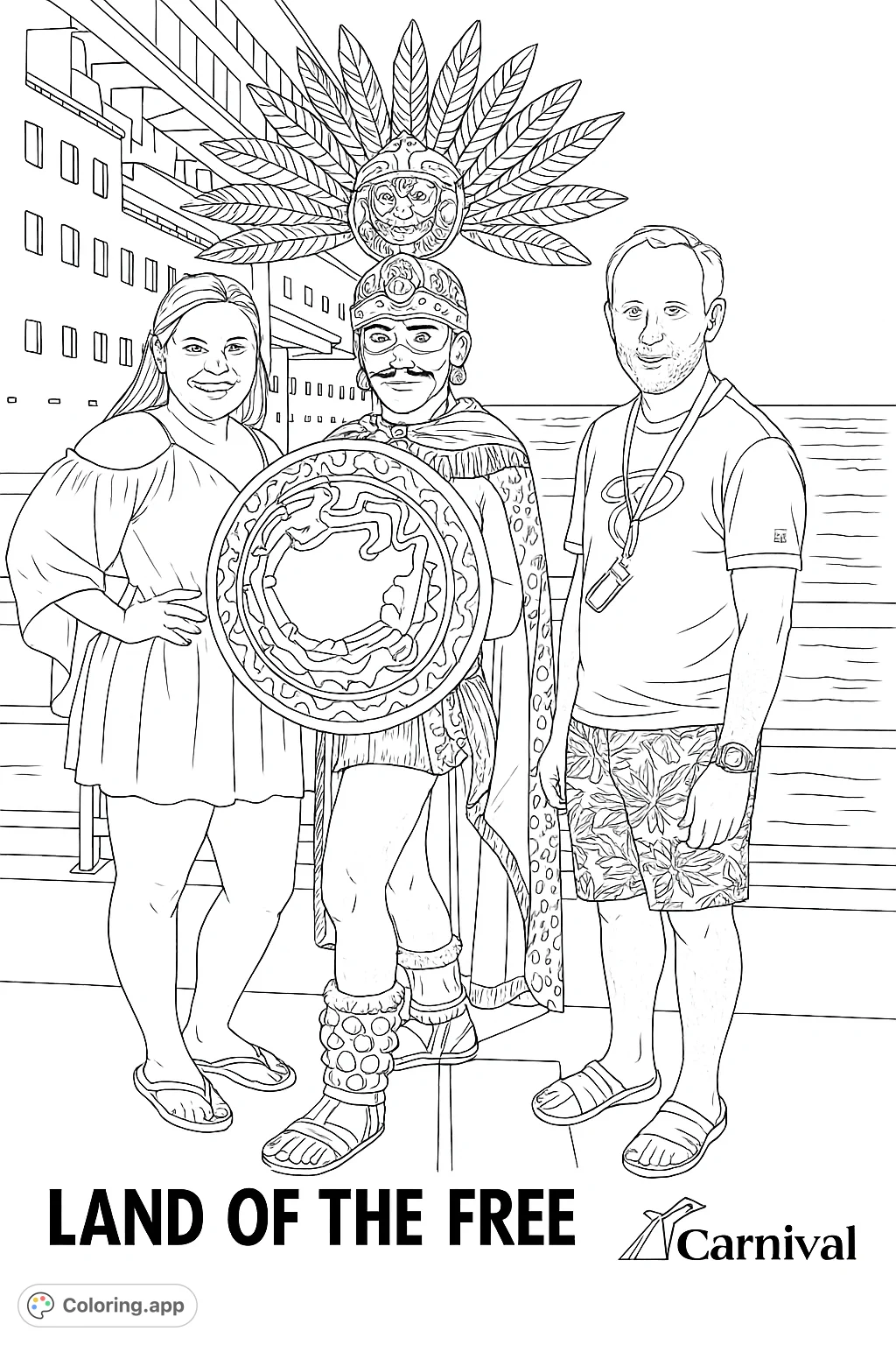 Experience a vibrant cultural encounter featuring an elaborately costumed figure with a grand headdress and shield, alongside two travelers on a dock.