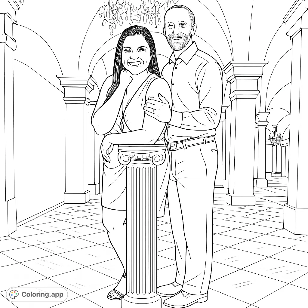Capture a moment of joy with this elegant couple portrait coloring page, set against a grand architectural backdrop. Perfect for celebrating relationships.