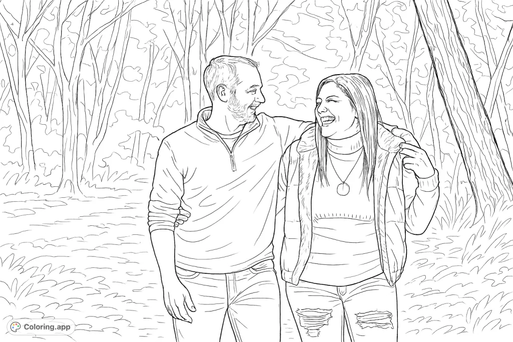 Capture the warmth of a loving couple strolling through a beautiful wooded landscape. A perfect scene for celebrating connection and nature's beauty.