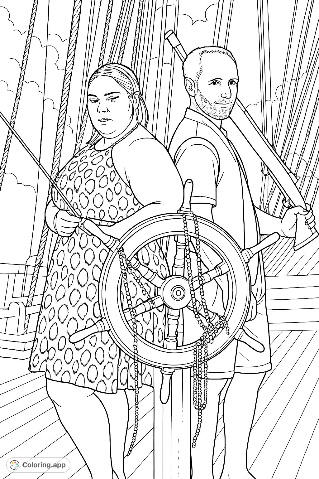 Embark on a high-seas adventure with this pirate couple coloring page. Featuring a ship's wheel, intricate rigging, and unique patterns for creative expression.