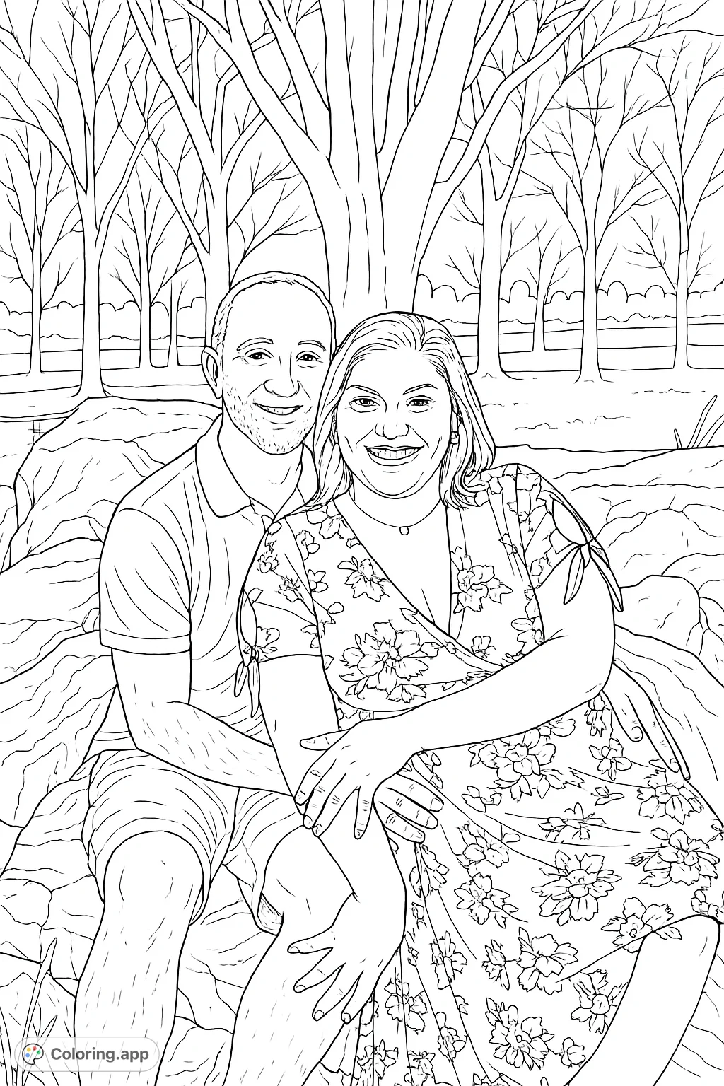 A happy couple sits on textured rocks, smiling warmly. The woman wears a floral dress, the man a collared shirt and shorts, set against a natural backdrop.