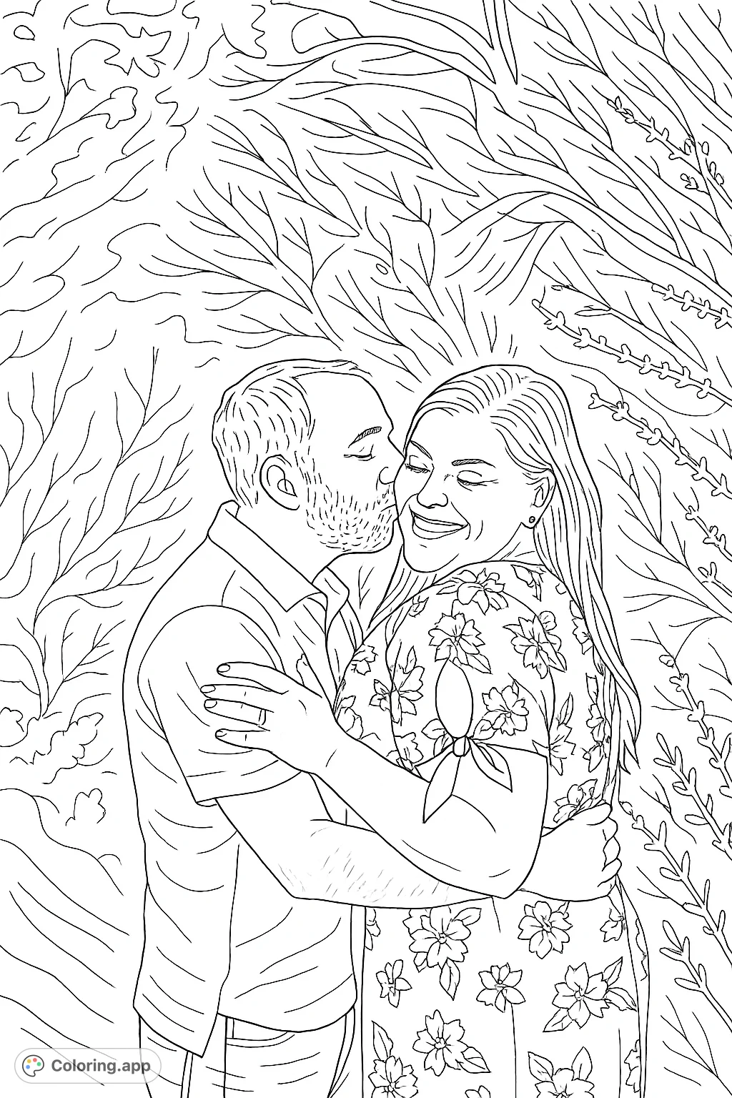 Capture a tender moment with this romantic couple coloring page, featuring an intimate embrace amidst lush natural foliage. Perfect for celebrating love.