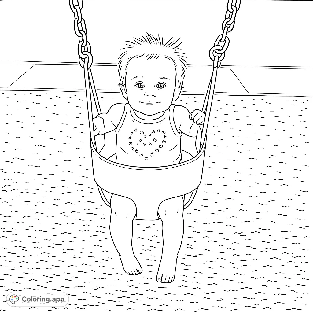 A joyful baby smiles from a playground swing, surrounded by wood chips and grass. A delightful scene for a free printable coloring page.