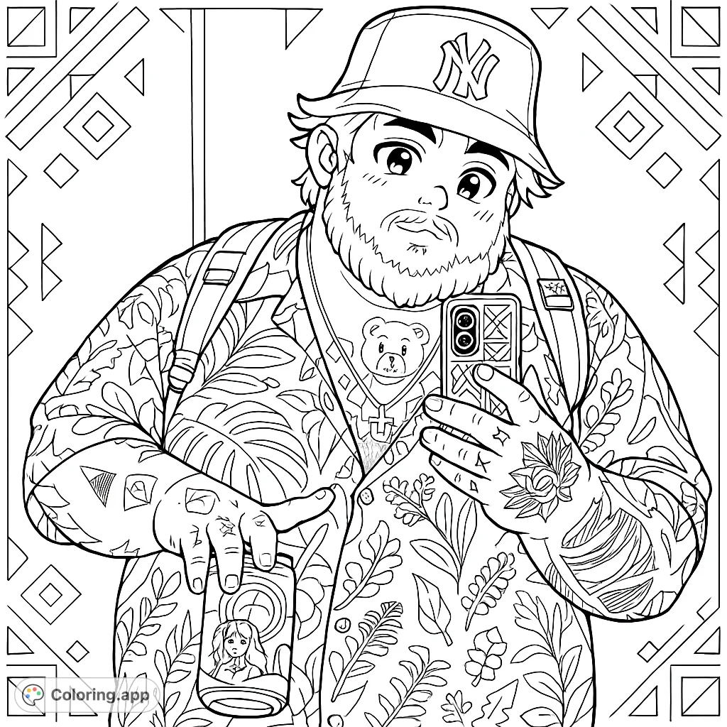 An anime-inspired portrait featuring a person with a patterned shirt, tattoos, and a bucket hat, holding a phone and tumbler, with geometric details.