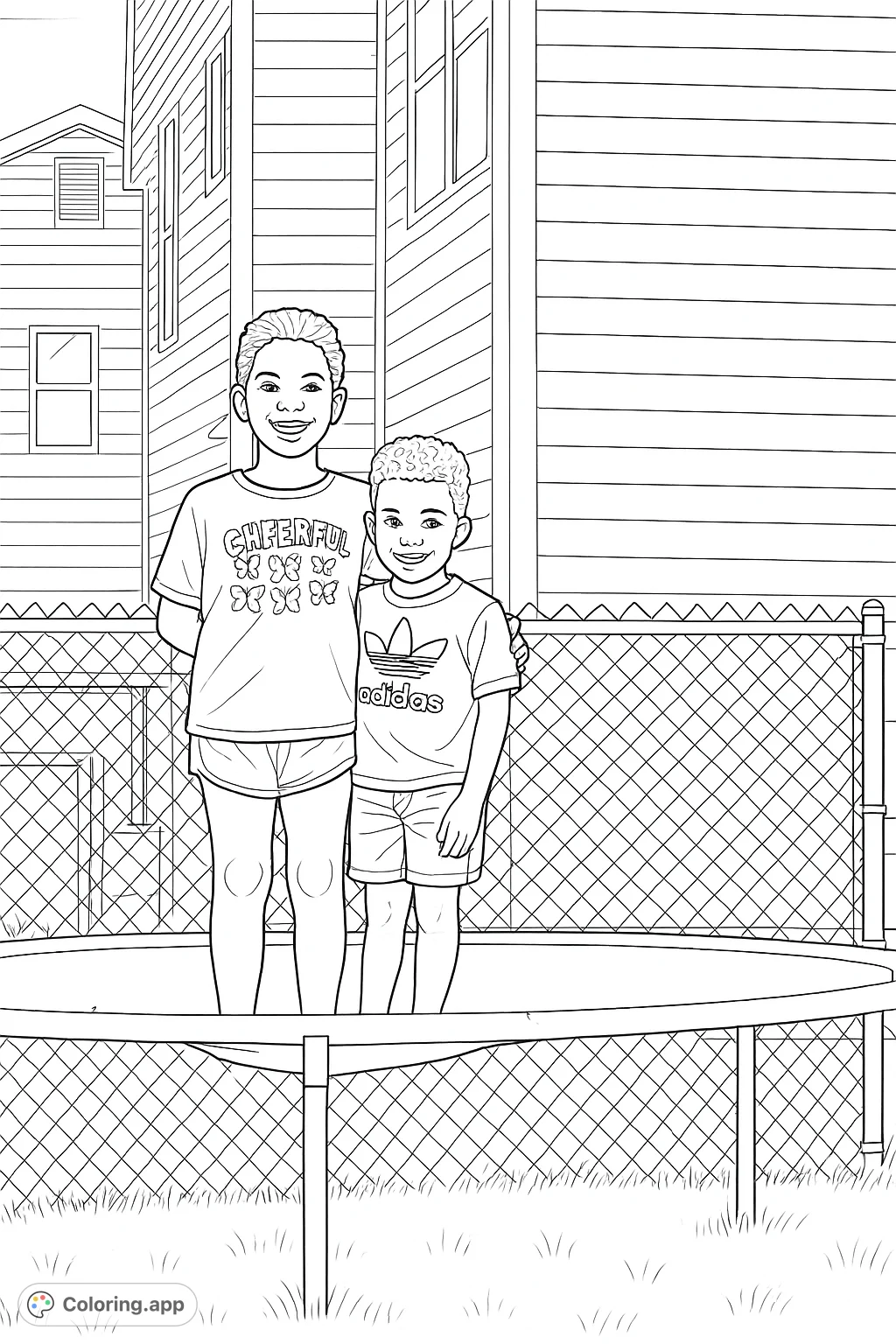 A delightful kids playing coloring page featuring two smiling children on a trampoline, with houses and a fence in the background. Perfect for family fun!