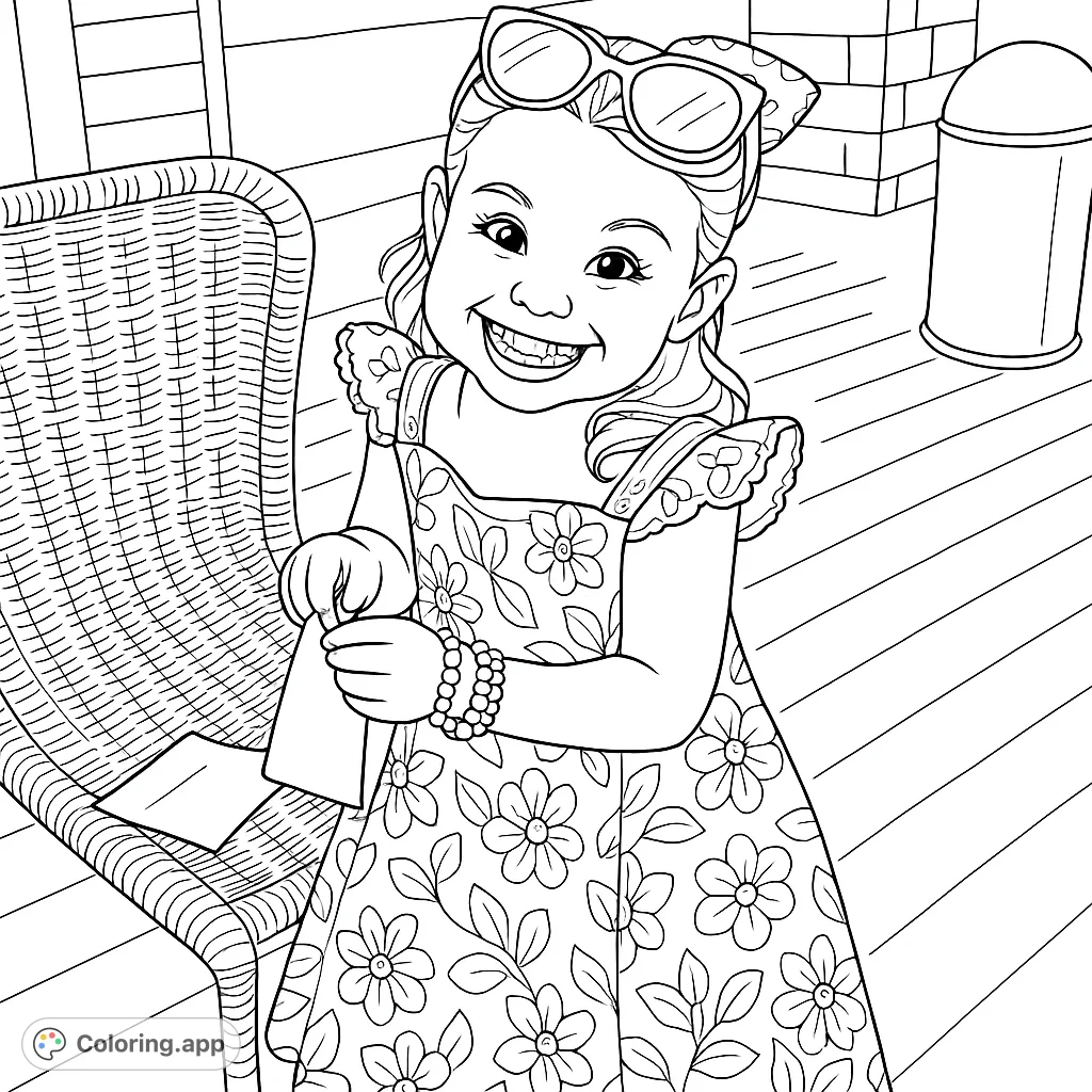 A joyful young girl with a big smile, wearing a floral dress and a bow, standing on a porch next to a wicker chair. Perfect for a cartoony coloring adventure.