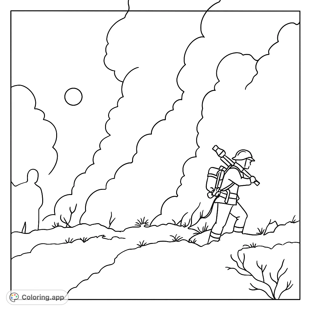 A dramatic firefighter coloring page, depicting a lone hero against a smoky, intense background with a celestial body. A powerful scene for all ages.