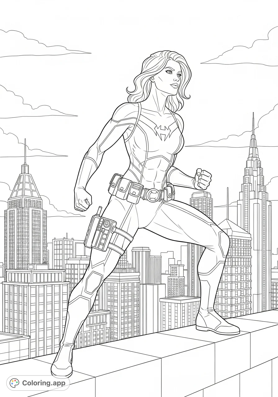 A dynamic female superhero stands ready for action on a skyscraper rooftop, overlooking a detailed cityscape. Perfect for fans of powerful heroines.