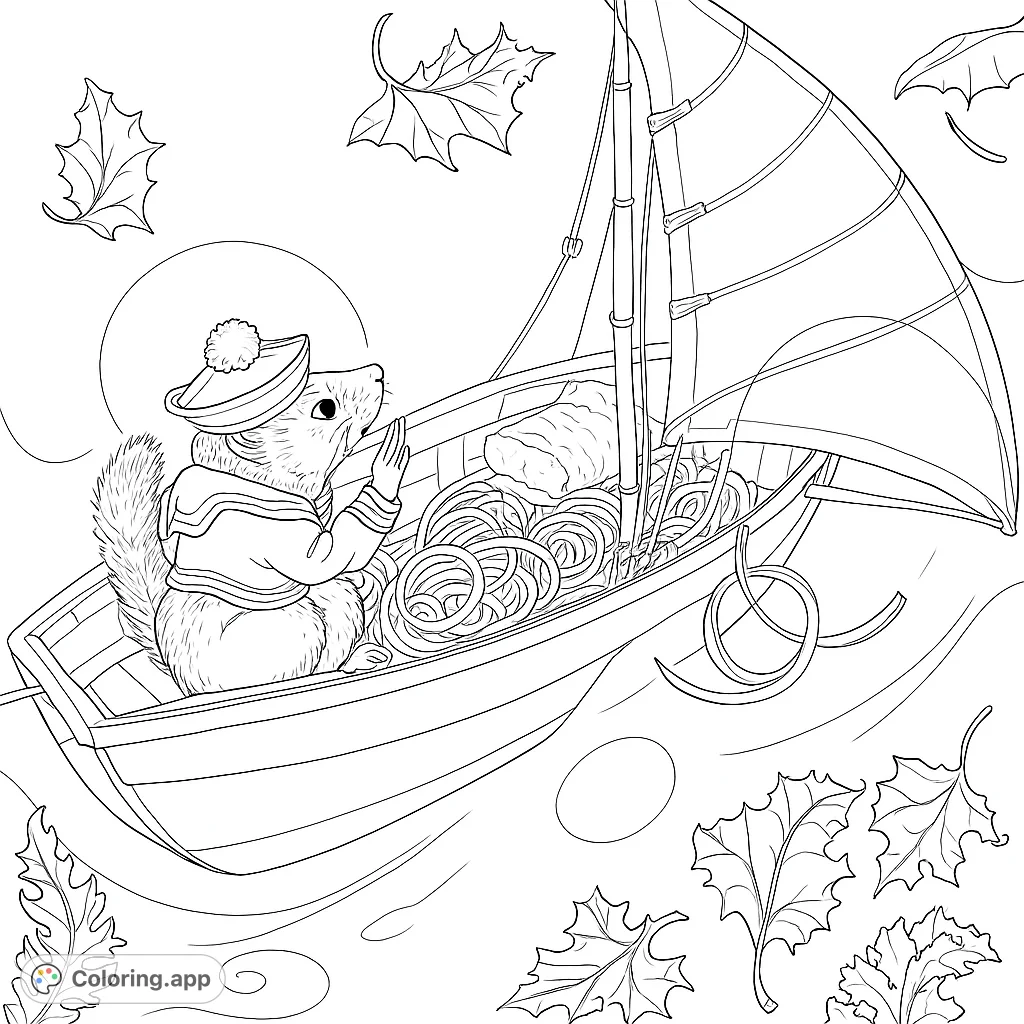 Embark on a charming adventure with a sailor squirrel steering a sailboat, carrying a sleeping friend. A whimsical scene perfect for imaginative coloring.