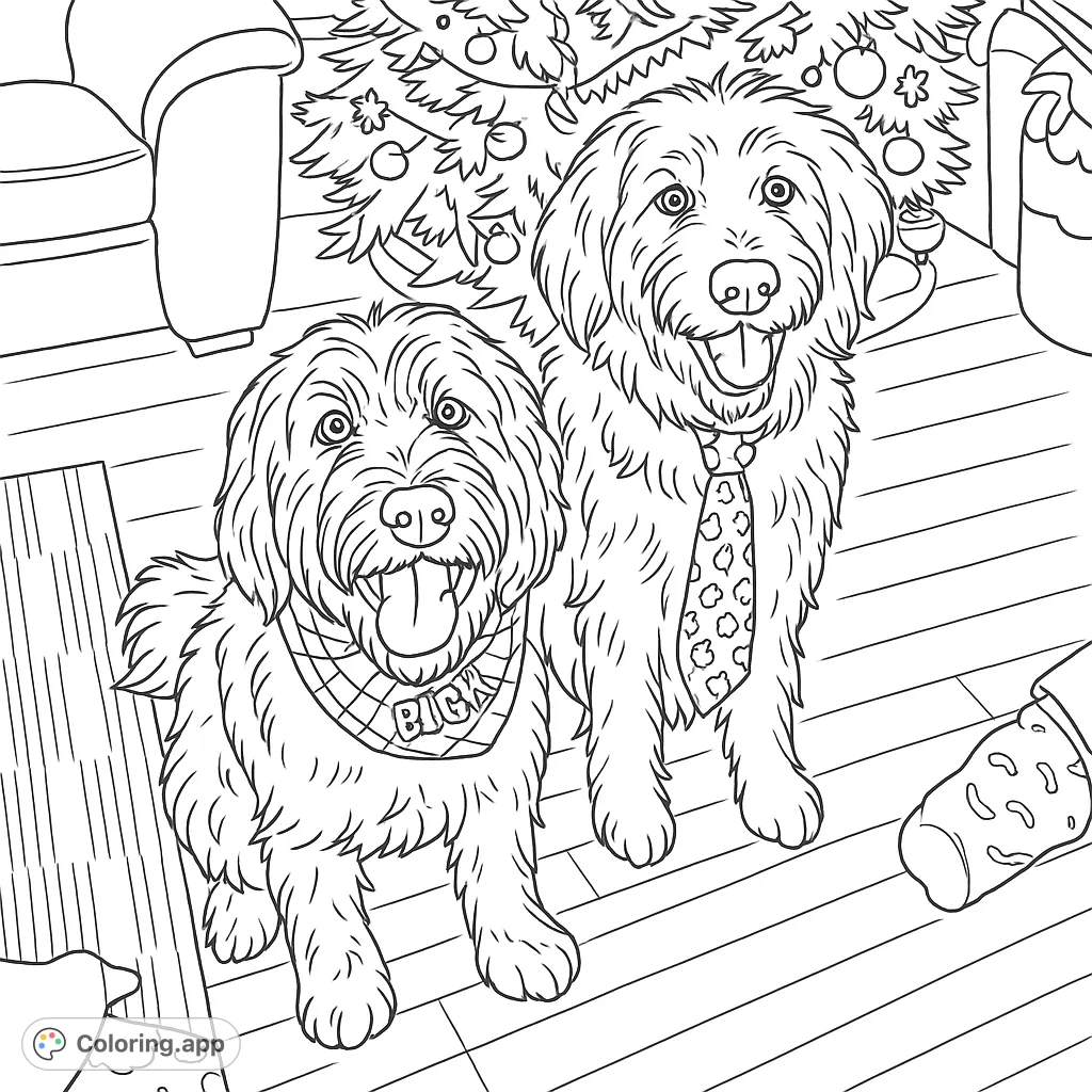 Two adorable dogs in festive attire sit happily by a decorated tree, ready for holiday fun. A charming scene for all ages.