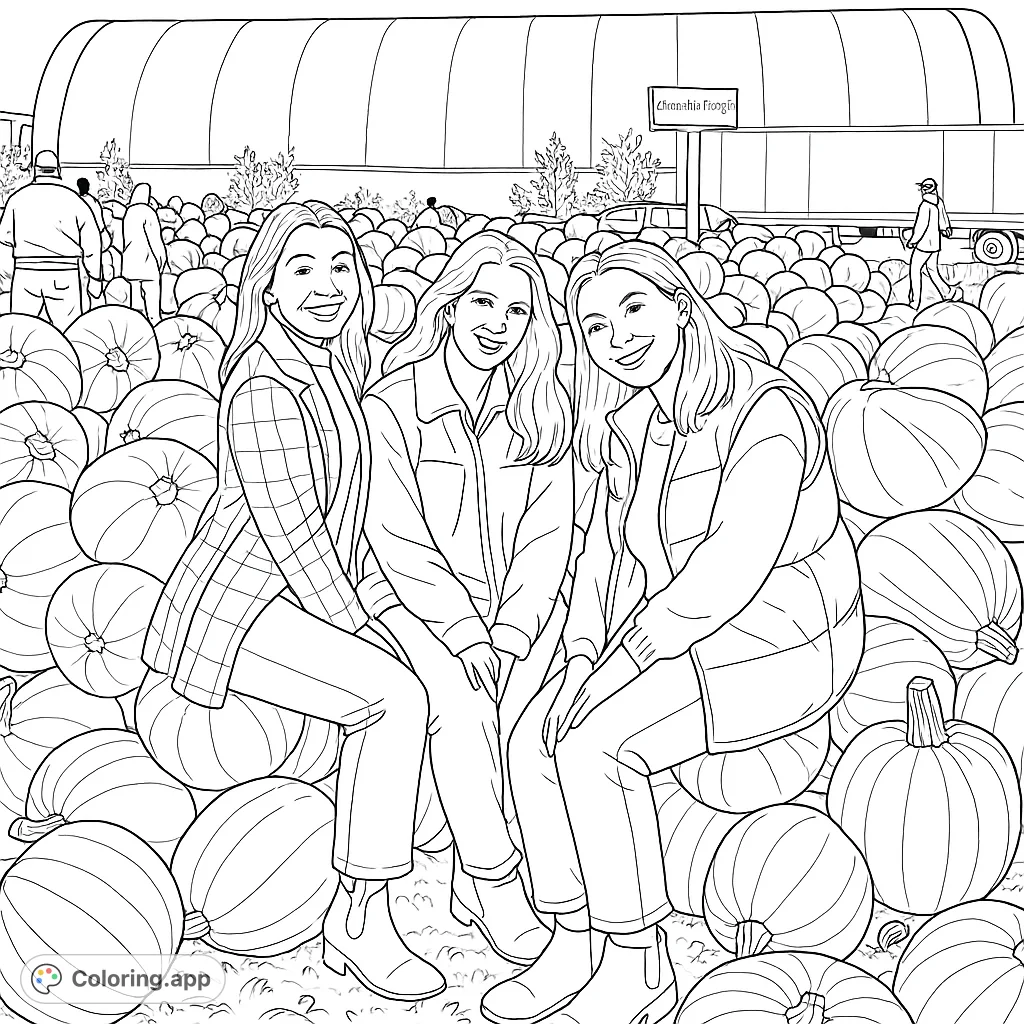 Three smiling friends enjoy a day at a pumpkin patch, surrounded by a bountiful harvest. A delightful autumn scene for coloring enthusiasts.