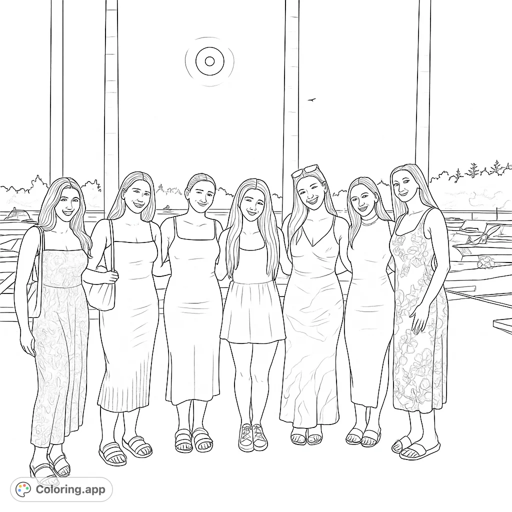 Seven friends pose on a dock with boats and a setting sun. A fun scene for coloring, featuring diverse dresses and a scenic waterfront background.