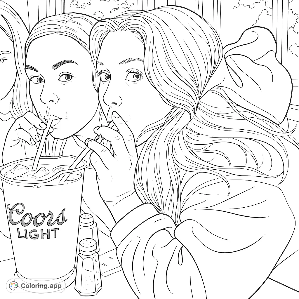 Capture a moment of friendship with two young women sharing a large drink. Perfect for adults to color, celebrating connection and fun.