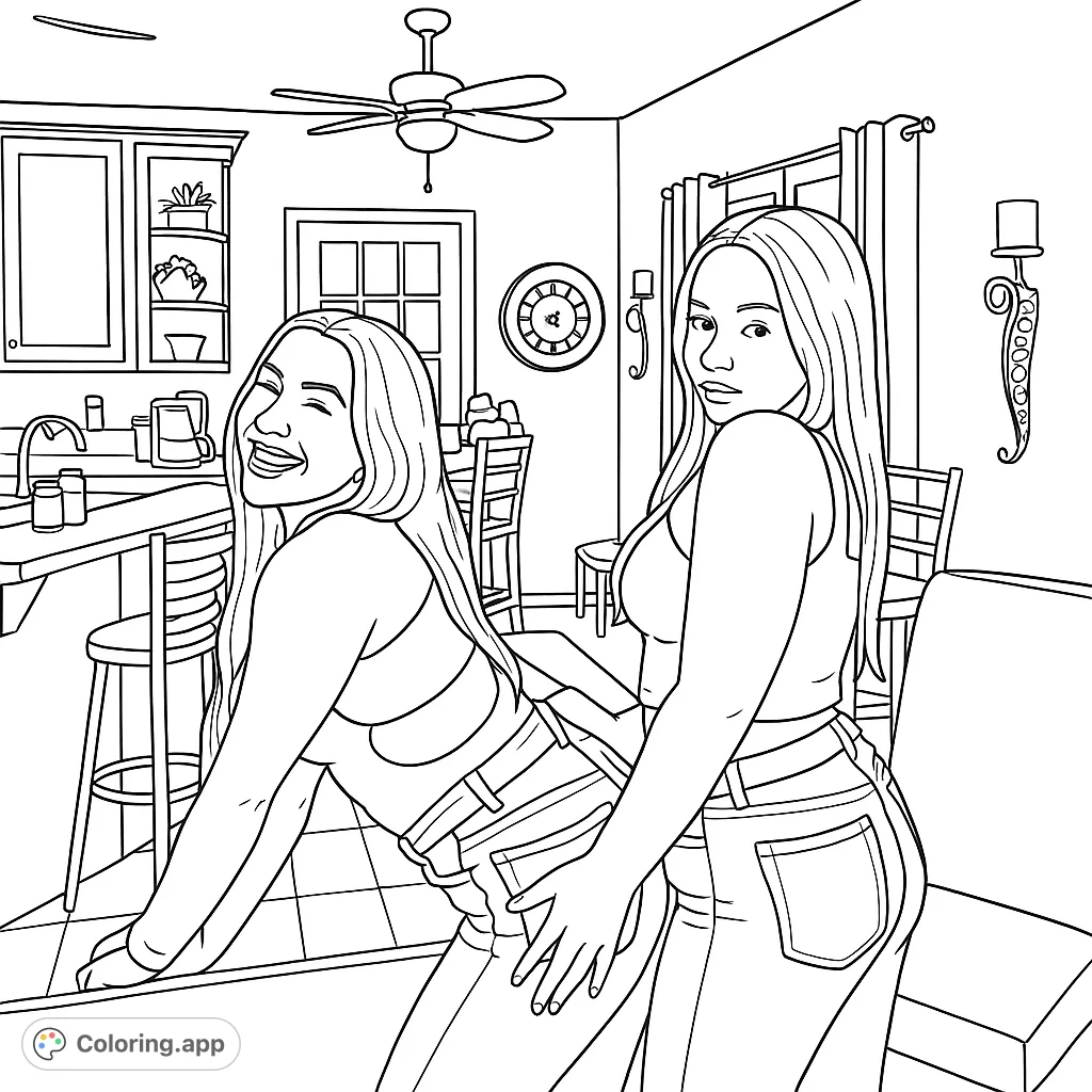 Two young women in a playful pose, surrounded by a detailed indoor setting. Perfect for adult colorists seeking a fun, expressive scene.