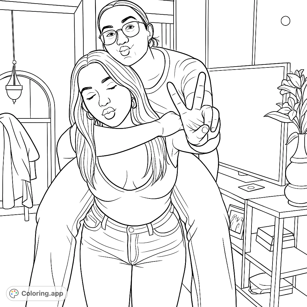 A playful scene of two friends enjoying a piggyback ride, making funny faces and peace signs. Perfect for capturing moments of friendship and joy.