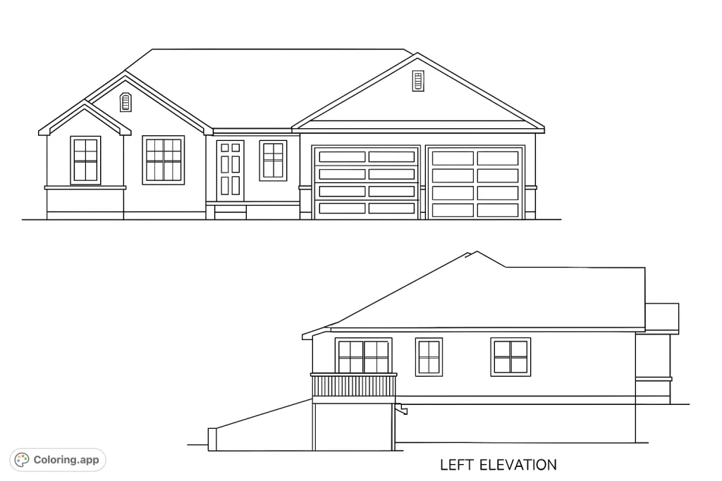 Explore a detailed house blueprint coloring page, featuring front and side elevations of a charming home with intricate architectural elements.