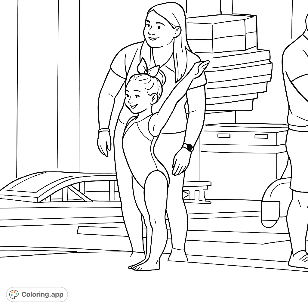 A young gymnast strikes a graceful pose, supported by her coach, in a dynamic gym setting. Perfect for aspiring athletes and fans of gymnastics coloring pages.