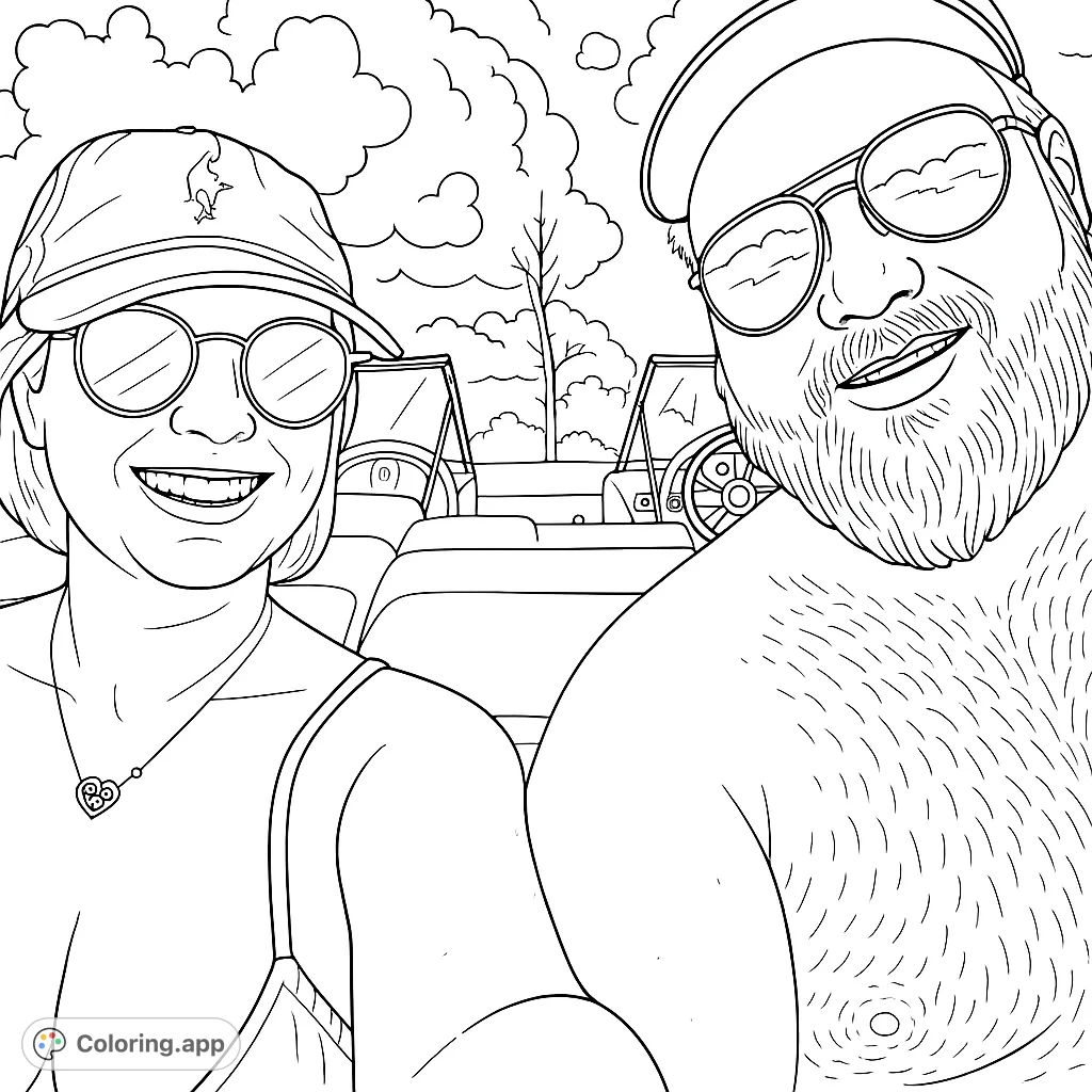 A cheerful couple enjoying a boat ride under a cloudy sky, perfect for a relaxing coloring experience.