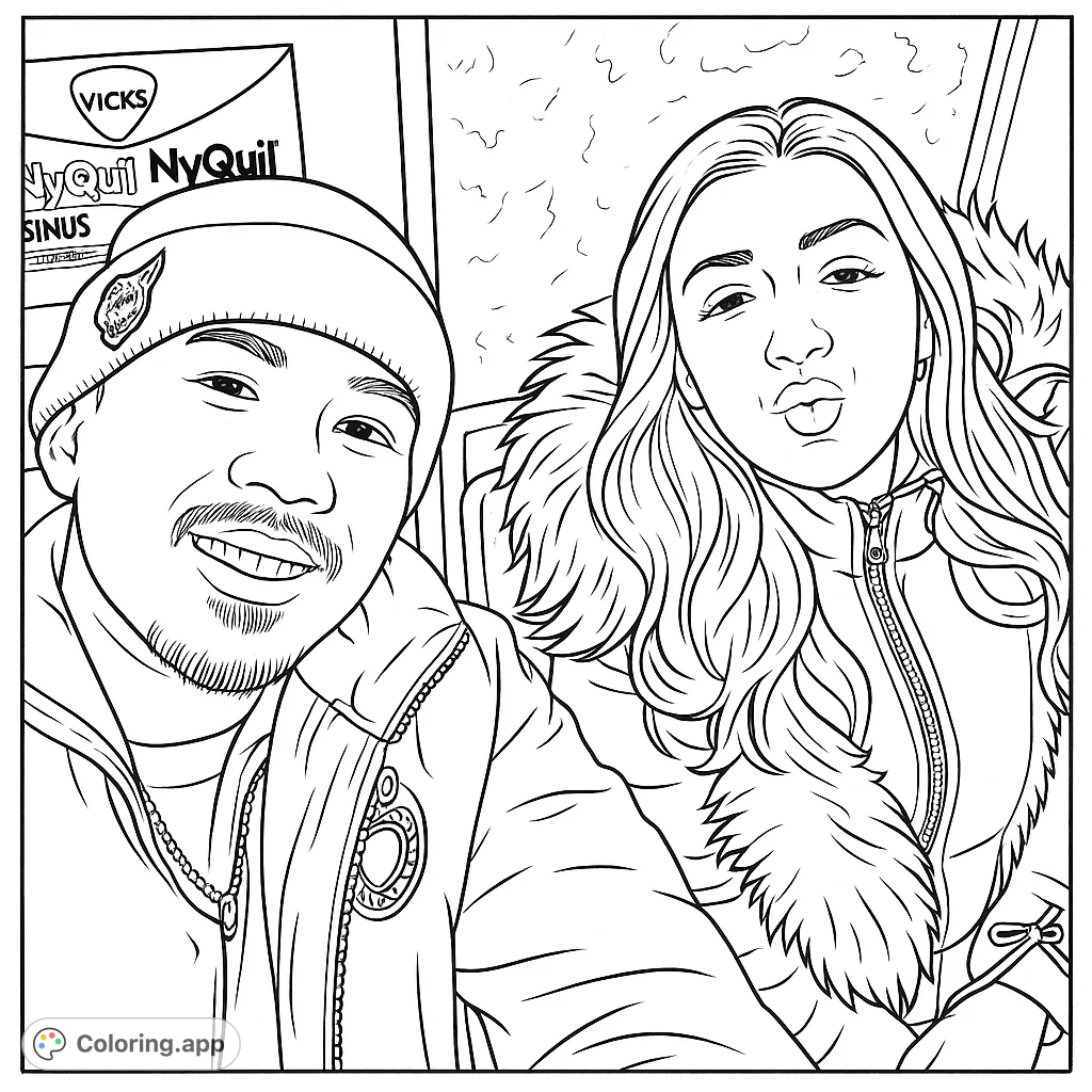 Capture a moment with this couple selfie portrait coloring page. Features two individuals with detailed clothing and expressions, set against a simple background.