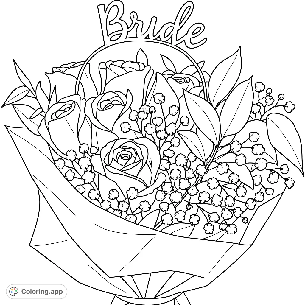 An elegant bridal bouquet featuring beautiful roses, delicate baby's breath, and lush foliage, topped with a charming 'Bride' decoration. Perfect for celebrating special moments.