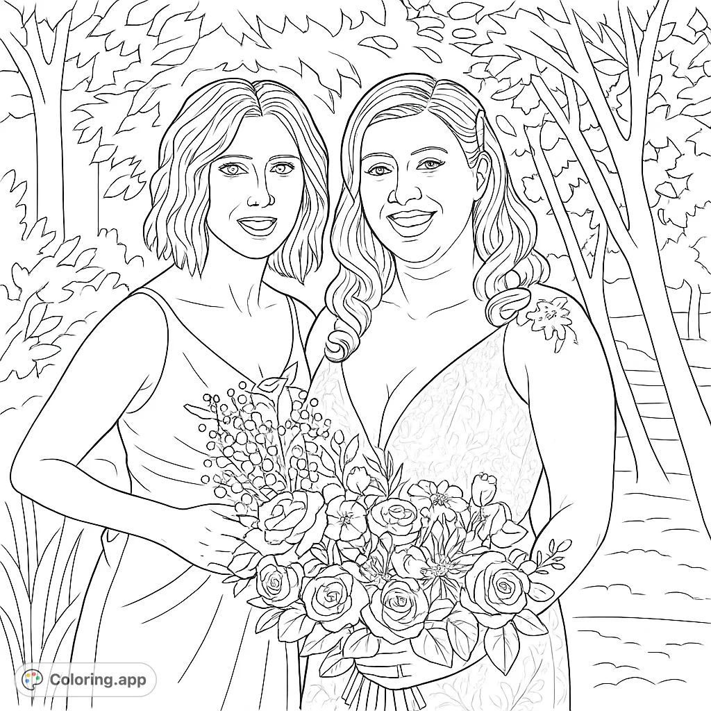 A beautiful portrait of two women, one in a formal gown and the other in a dress, holding elaborate floral bouquets against a natural backdrop.