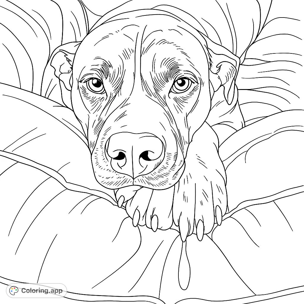 Capture the serene gaze of a loyal dog resting its head and paws on a soft surface. A heartwarming animal coloring page for all ages.
