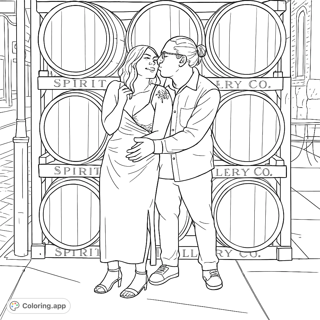 A romantic scene featuring a couple embracing by a stack of rustic distillery barrels, perfect for a charming and heartfelt coloring experience.