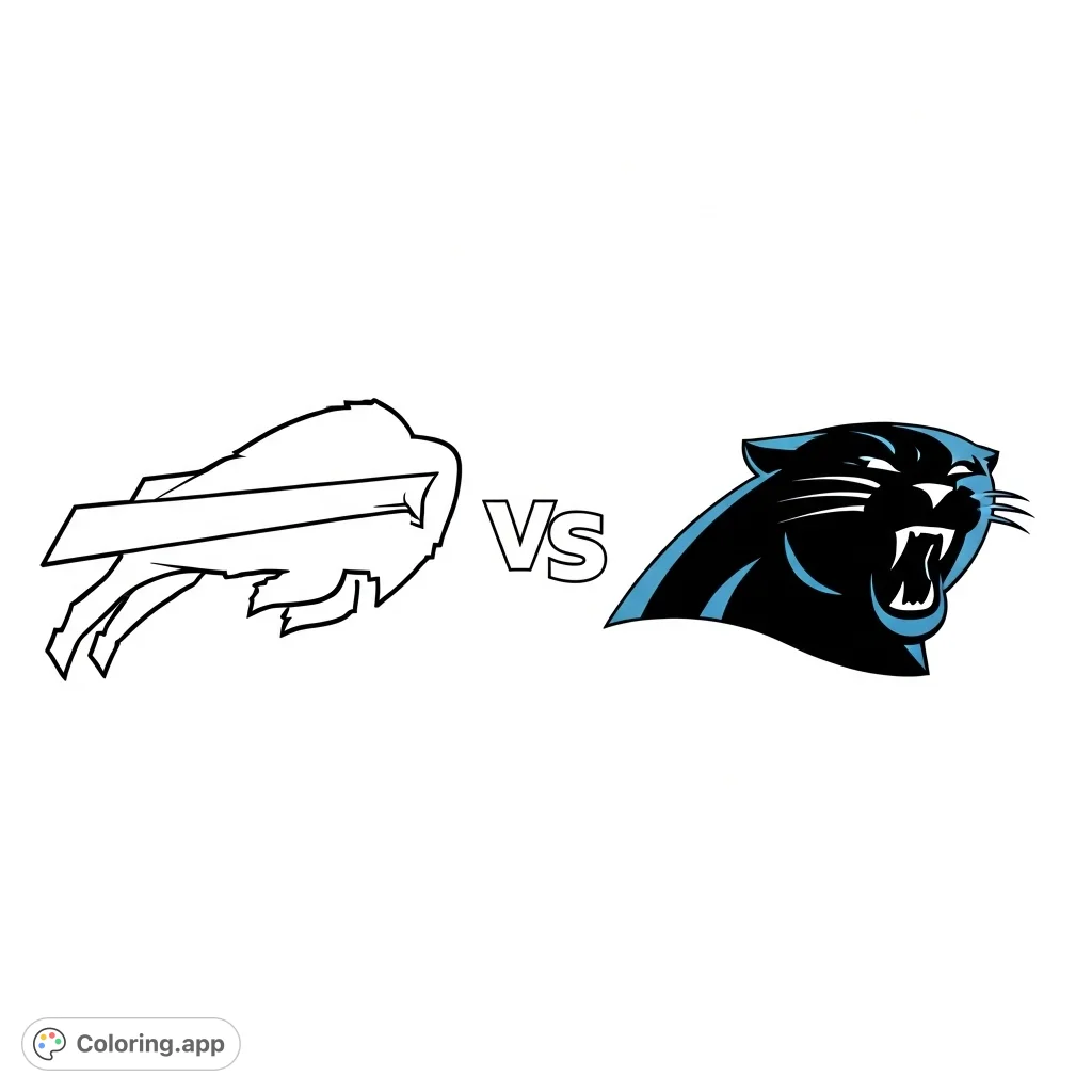 A dynamic NFL coloring page featuring the Buffalo Bills buffalo logo facing off against the Carolina Panthers panther head. Perfect for football fans!
