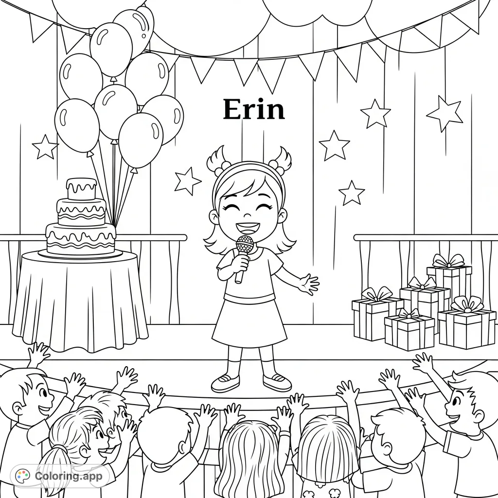Celebrate Erin's 6th birthday party! A cheerful scene with Erin singing on stage, friends cheering, surrounded by festive balloons, cake, and presents.