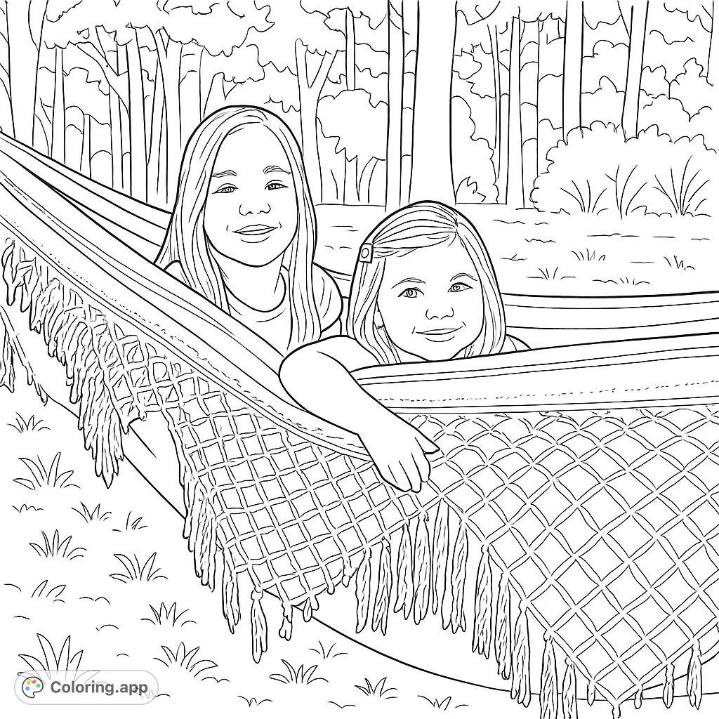 Two cheerful girls relaxing in a textured hammock amidst a peaceful outdoor setting. A delightful scene for a relaxing coloring experience.