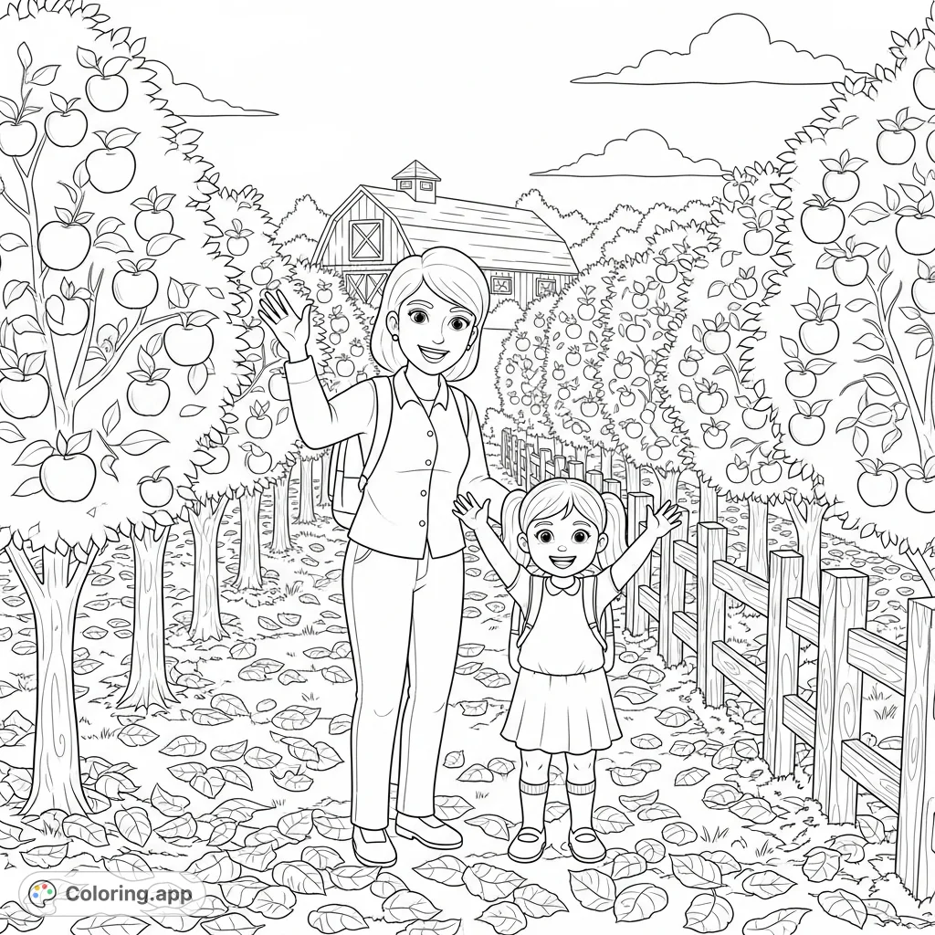 A joyful teacher and student cheer at an apple orchard, surrounded by fruit-laden trees and scattered leaves. A delightful autumn scene for a free printable coloring page.
