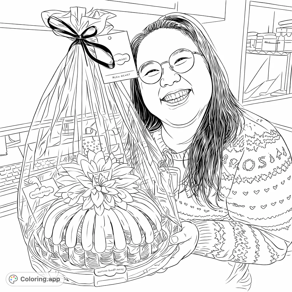 Capture a moment of joy with a person holding a beautifully decorated bundt cake. A delightful celebration cake coloring page for all ages!