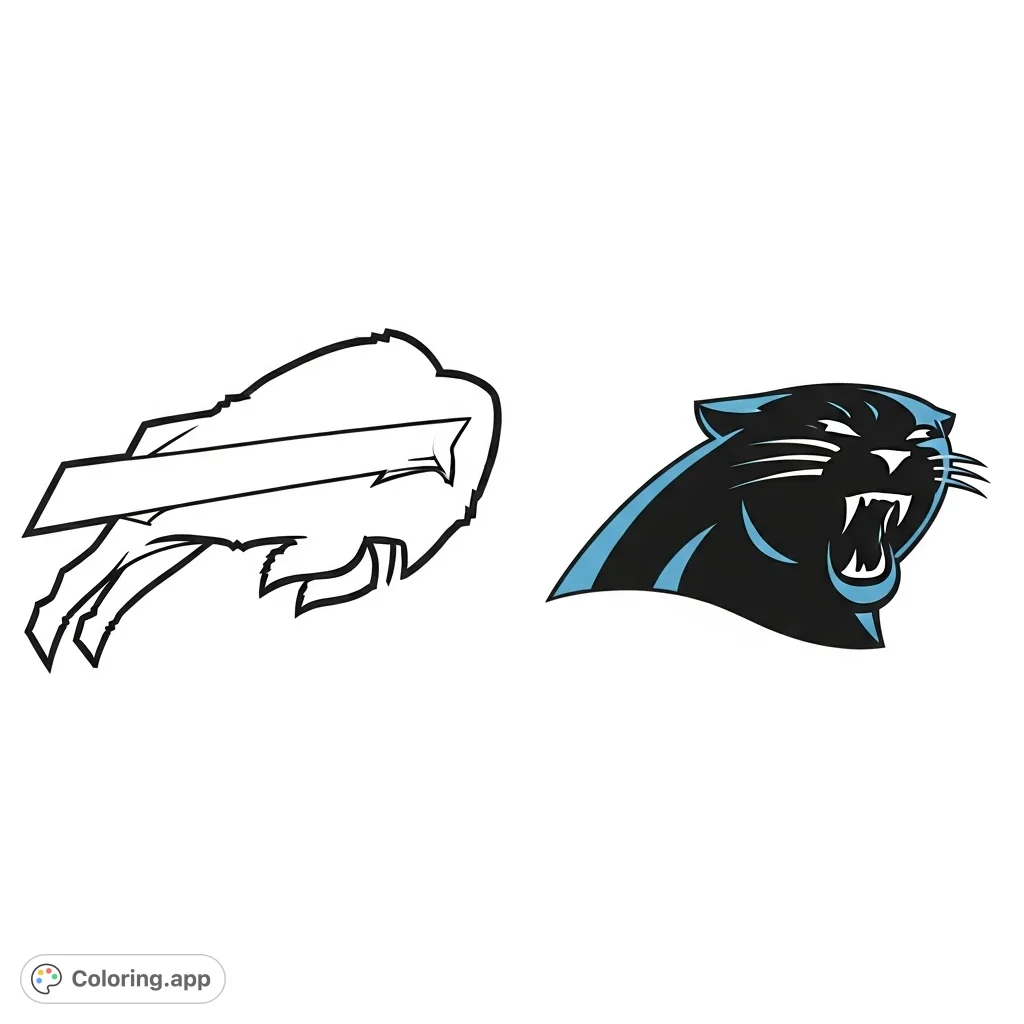 A dynamic NFL coloring page featuring the iconic Buffalo Bills buffalo and Carolina Panthers panther logos side-by-side, ready for your team spirit.