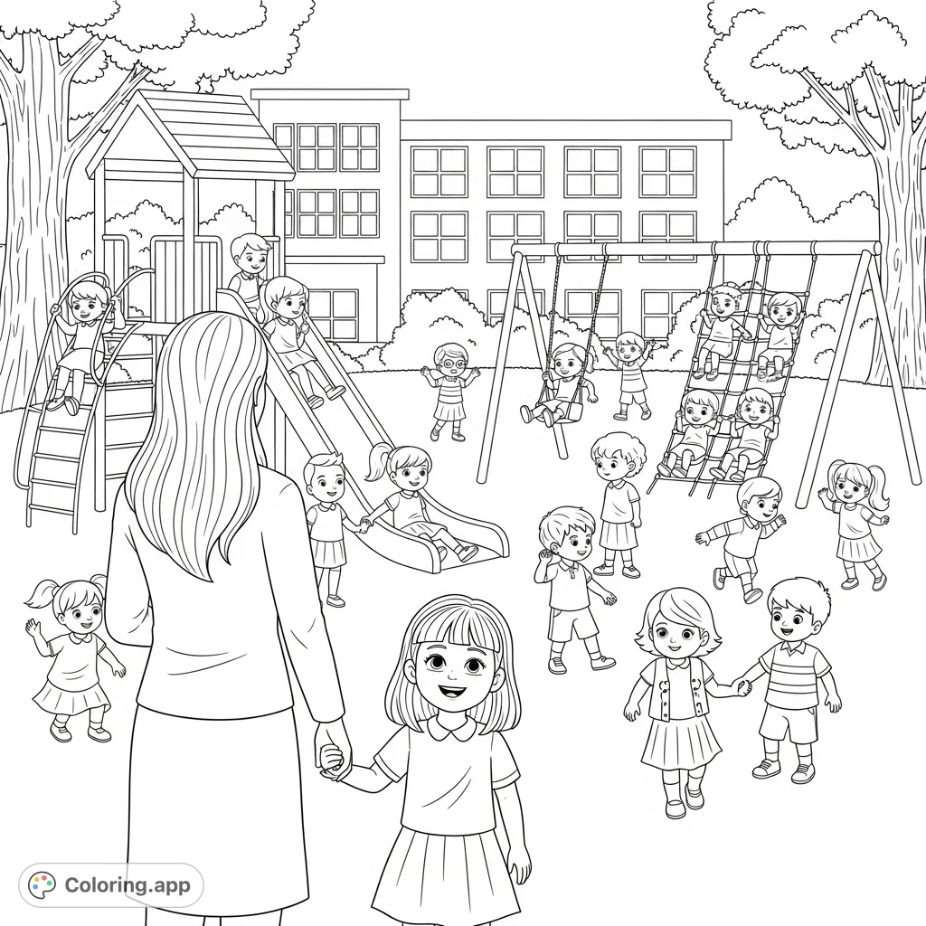 A lively playground scene featuring a teacher and 17 children enjoying recess, with slides, swings, and climbing structures. Perfect for kids!
