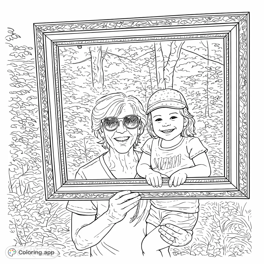 A heartwarming family moment: a smiling woman and child framed by an ornate border in a lush woodland setting. A charming free printable family coloring page.