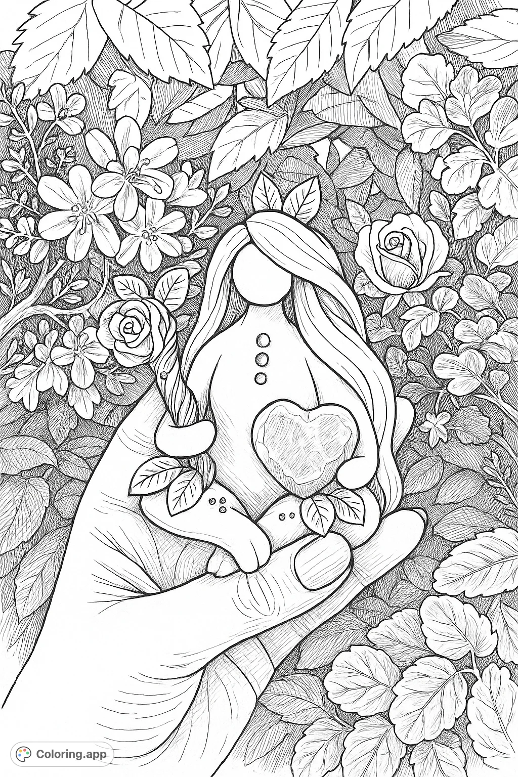Discover a magical forest spirit, adorned with a floral staff and heart, nestled among lush foliage. A detailed, hand-drawn sketch for creative coloring.